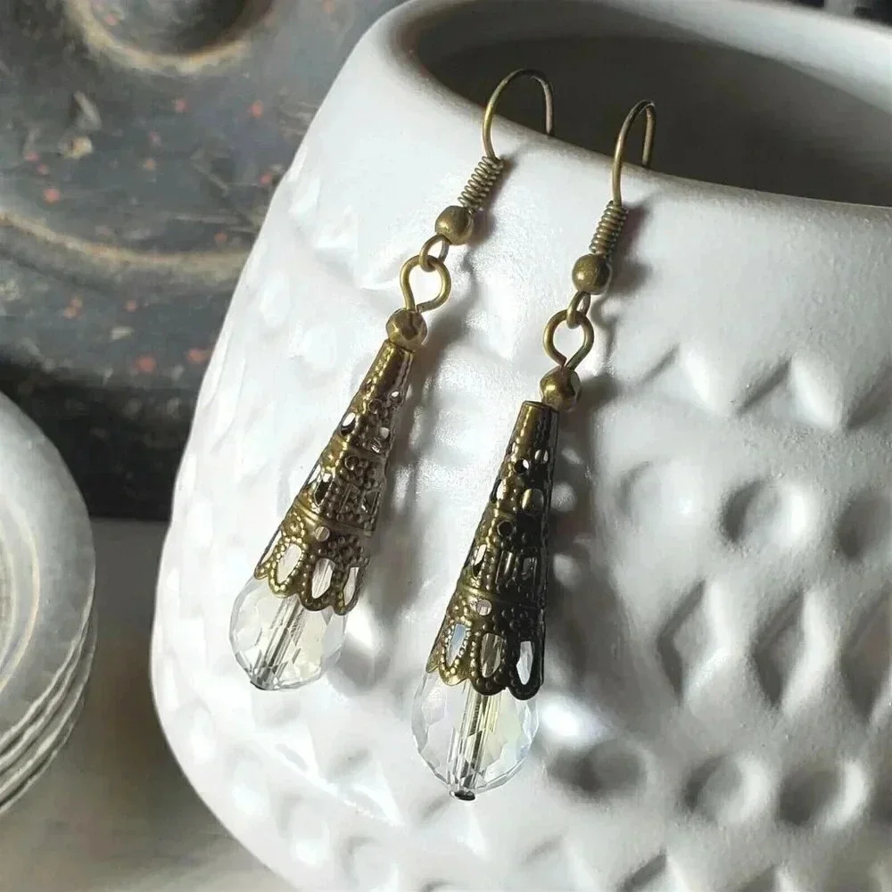🔥POPUP SALE!🔥 Bronze Faceted Crystal Clear Luster Antiqued Filigree Earrings